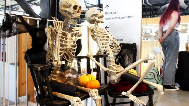 Deux squelettes assis sur des chaises lors du Marché de l'étrange au Grand Marché de Québec