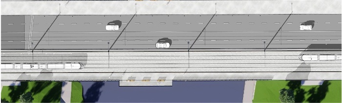 Vue aérienne du pont Drouin avec le tramway