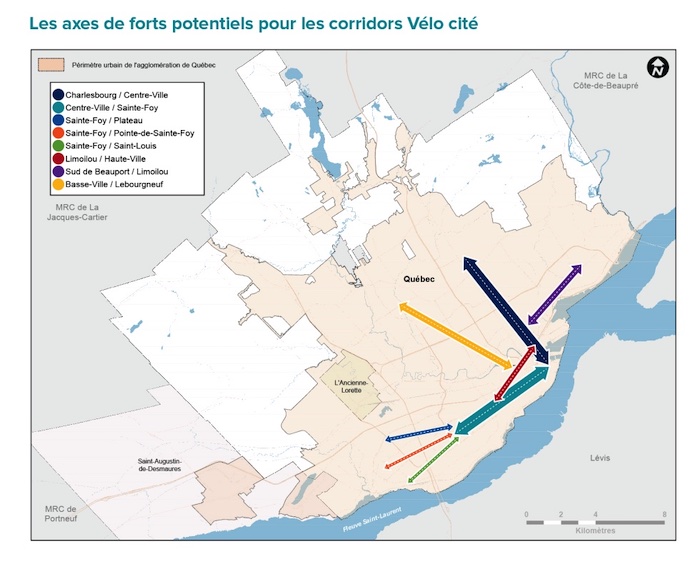 Carte des axes de forts potentiels pour les corridors Vélo cité