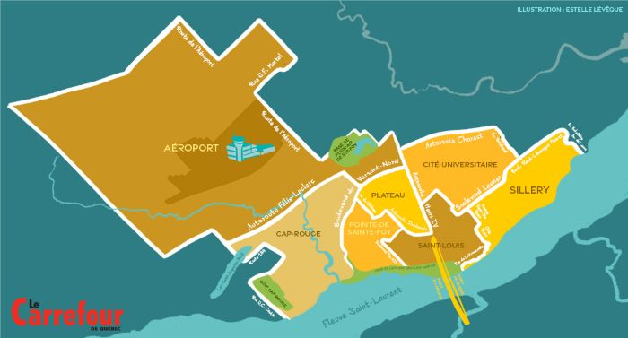 Carte des quartiers de l'arrondissement Sainte-Foy-Sillery-Cap-Rouge. Illustration de Estelle Lévêque. (Crédit photo : Le Carrefour de Québec - Estelle Lévêque)