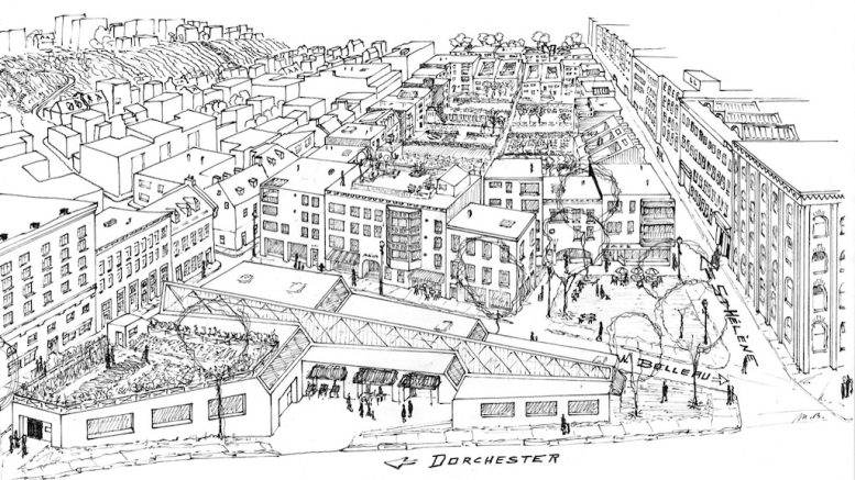 Un dessin de Marc Boutin : L'Îlot Dorchester selon le Programme populaire d’urbanisme. (Crédit : Marc Boutin)